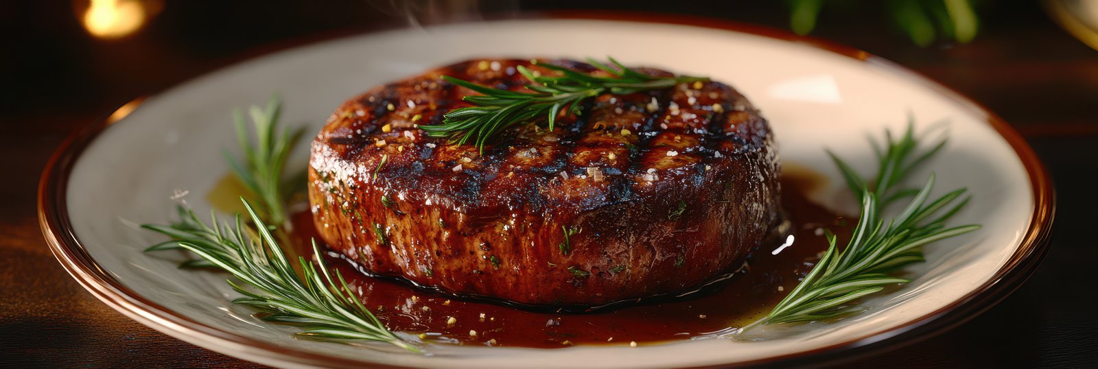 A perfectly cooked steak sits on a plate with rosemary and sauce